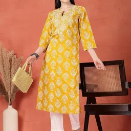 Sangria Paisely Printed Thread Work Notch Neck Pure Cotton Straight Kurta-31