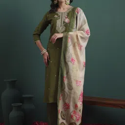 DIVASTRI Floral Embroidered Round Neck Thread Work Straight Kurta With Trousers & Dupatta-picture-3