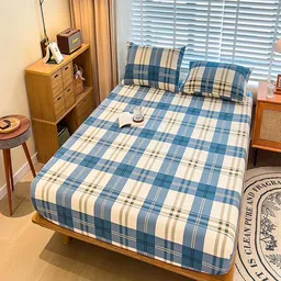 JC HOME Yellow & Blue Geometric 220 TC Queen Bedsheet with 2 Pillow Covers-image-100