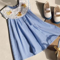 LULU & SKY Girls Gingham Checked Pattern Embroidered Crew Neck A line Dress-image-34