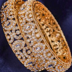 Set Of 2 Gold Plated Kundan beads with Cubic Zirconia Bangle-image-100