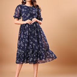 SHINISHA Floral Printed Puff Sleeve Georgette Fit & Flare Dress-image-69