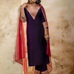 VredeVogel Women Floral Embroidered Regular Sequinned Kurta with Trousers & With Dupatta-image-44