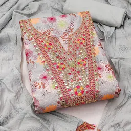HERE&NOW Ethnic Motifs Printed Thread Work Slub Cotton Unstitched Dress Material-picture-13