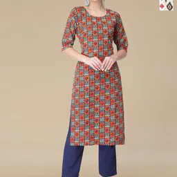 HERE&NOW Selection Of 2 Ethnic Motifs Printed Round Neck Straight Kurtas-3