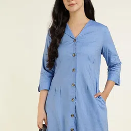 Hancock Women V-Neck Pure Cotton Pleated Shirt Style Midi Dress-picture-14