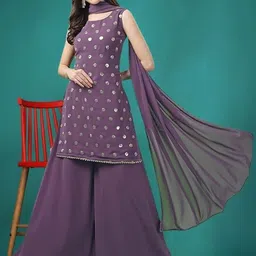 PARROT CREATION Geometric Embroidered Sequinned Georgette Kurti with Sharara And Dupatta-2