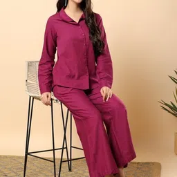HERE&NOW Purple Cotton Flex Solid Shirt With Trousers Set-picture-31