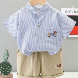 POP STREET KIDS Boys Striped Band Collar T-shirt With Shorts-image-14