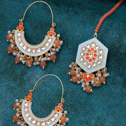 Yellow Chimes Blue Gold Plated Traditional Stone Beads Meenakari Chandbalis & Maangtikka-46