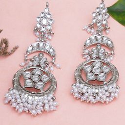 KARATCART Silver-Toned Oxidised White Kundan Studded Chandbalis Earrings-image-43