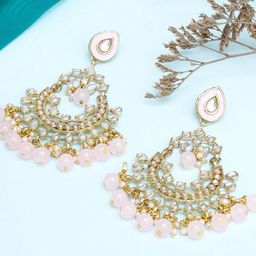 KARATCART Women Pink Beads Kundan Gold-Plated Classic Chandbalis Earrings-2