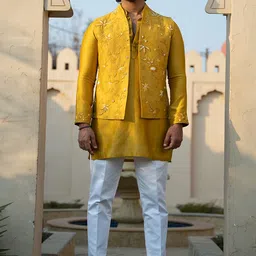 KAAJ BUTTON Mandarin Collar Chanderi Silk Kurta with Trouser & Nehru jacket-picture-48