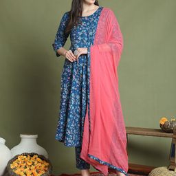 Merira Selection Of 2 Floral Printed Notch Neck A-Line Kurtas With Trousers & Dupattas image 5