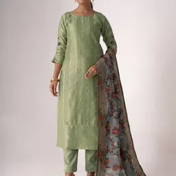 Odette Green Tusser Silk Designer Geometric Embroidered Semi-Stitched Dress Material-image-18