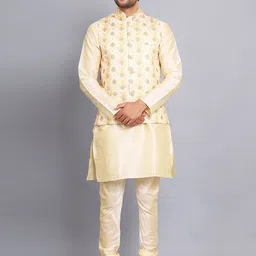 Sadree Mandarin Collar Dupion Silk Kurta And Churidar With Nehru Jacket Set-picture-12