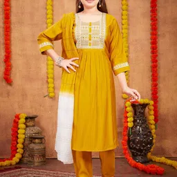 Sangria Girls Yoke Design Embroidered Pure Silk A-Line Kurta & Trouser-image-72