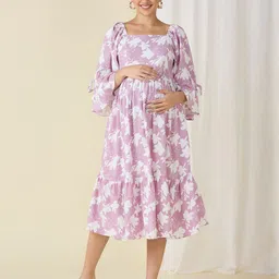 MeeMee Floral Print Bell Sleeve Square Neck Maternity Fit & Flare Dress-image-90