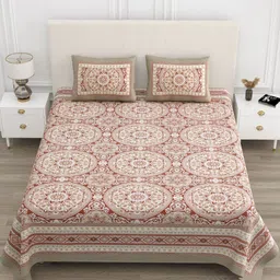 TrueYarns Cream-Coloured & Grey Ethnic Motifs 210 TC King Bedsheet with 2 Pillow Covers-2