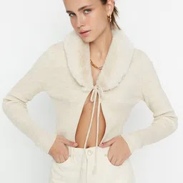 Trendyol Ribbed Shawl Collar Crop Front-Open Sweater-9