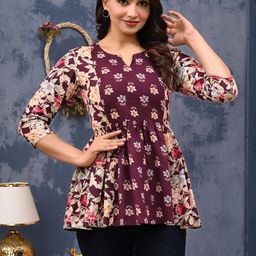 Pure Cotton Round Neck Floral Printed Anarkali Short Kurti for Women's Flared Hem-image-44