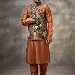 Rivaar By Rocky Star Floral Printed Mandarin Collar Kurta With Pyjamas & Nehru jacket-image-45