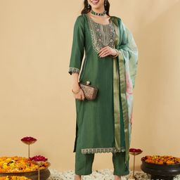 MOKOSH Women Embroidered Regular Sequinned Kurta with Trousers & With Dupatta image 2
