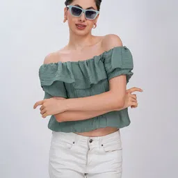 clobug Off-Shoulder Puff Sleeve Bardot Top-image-8