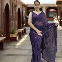 Blissta Checked Sequinned Poly Georgette Designer Saree-11