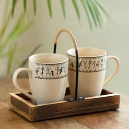 ExclusiveLane Cream-Coloured & Brown 3 Pieces Printed Ceramic Matte Mugs With Wooden Tray-57