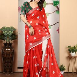 Anouk Rustic Polka Dot Zari Linen Blend Designer Block Print Saree image 4