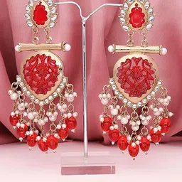 MADDY SPACE Gold-Plated Artificial Stones and Beaded Contemporary Drop Earrings image 2