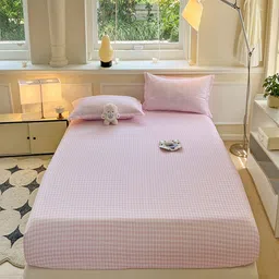 JC HOME Pink & White Checked 140 TC Fitted King Bedsheet with 2 Pillow Covers-2 m x 2.2 m-image-41