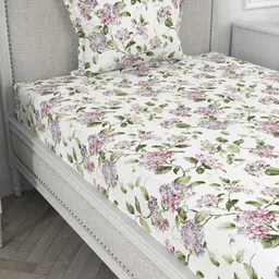 Myntra Elegant Homes White & Green Floral 200 TC Single Bedsheet with 1 Pillow Covers-image-5