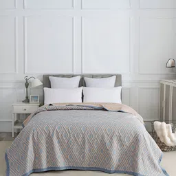 URBAN DREAM Peach-Coloured & Grey Printed Cotton Geometric Wave Double Queen Bed Cover-picture-29