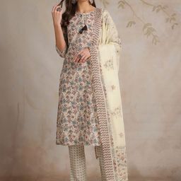 Anouk Cream Floral Printed Regular Pure Cotton Kurta With Trousers & Dupatta-image-90