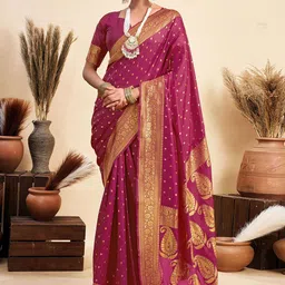 HERE&NOW Woven Design Zari Silk Blend Designer Banarasi Saree-image-15