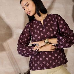 ANJIR Women Ethnic Motifs Printed V-Neck Regular Top-image-1