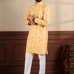 Koshin Floral Embroidered Mandarin Collar Straight Kurta With Pyjamas-image-86
