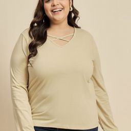 CURVY STREET Women Solid V-Neck Cotton Plus Size T-shirt-image-50