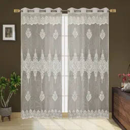 BIGGER FISH Cream-Coloured Set of 2 Floral Sheer Long Door Curtain-13