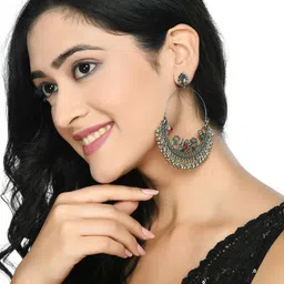 JOHARKAMAL Silver-Plated Stones Studded & Ghungroo Beaded Oxidised Peacock Drop Earrings-picture-30