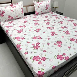 Pure Decor Pink & White Floral 300 TC Queen Bedsheet with 2 Pillow Covers-picture-50