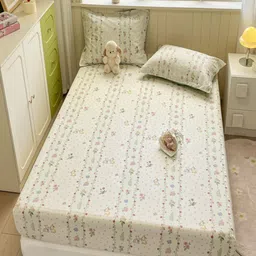 JC HOME Beige & Green Floral Pure Cotton 220 TC Single Bedsheet Set1.20 m x 2 m-image-57