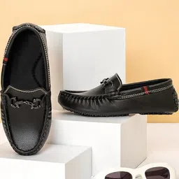 Freeplay Boys Black Round Toe Synthetic Leather Loafers-56
