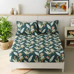 Quirky Home Green & White Ethnic Motifs 144 TC Queen Fitted Bedsheet with 2 Pillow Covers-image-86