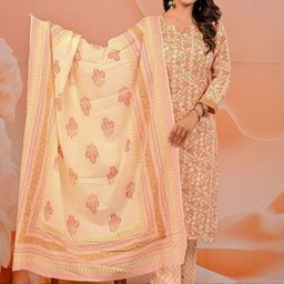 Khatri Creations Floral Printed V-Neck Pure Cotton Straight Kurta With Palazzos & Dupatta-image-22