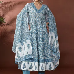 Anouk Floral Printed Gotta Patti Pure Cotton A-Line Kurta With Trousers & Dupatta-image-88