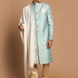 VASTRAMAY Men Blue & Cream-Coloured Printed Slim-Fit Sherwani-4