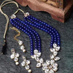 ANIKAS CREATION Gold-Plated Navy Blue & White Crystal & Pearl Embellished Trendy 3 Layer Jadau Jewellery Set-picture-45